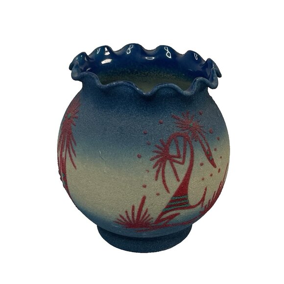 Native American Navajo Dine Kokopelli Feathers Sand over Glass Art Vase Signed - Picture 8 of 11